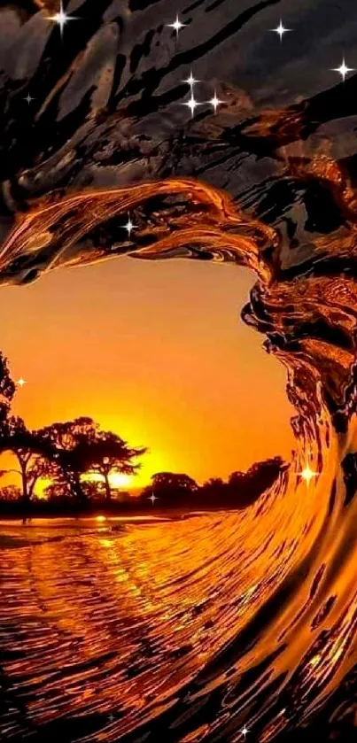 Golden ocean wave at sunset with tree silhouette on horizon.