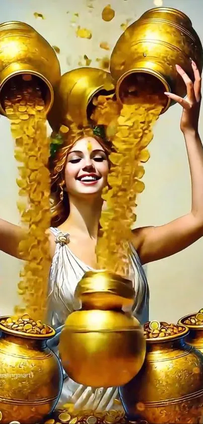 Woman pouring golden coins from urns, symbolizing wealth and abundance.