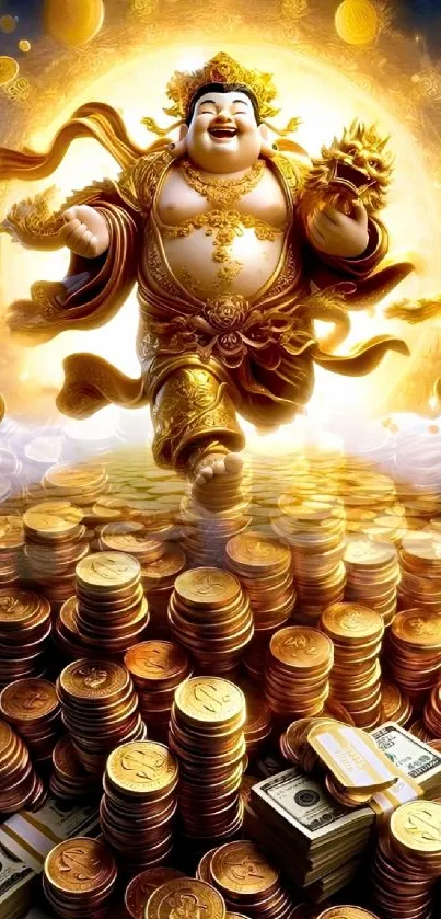 Golden fortune god with coins and cash on shimmering background.