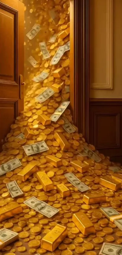 Gold coins and bars overflow from a wooden door, symbolizing wealth.