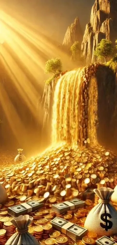 A fantasy waterfall of gold coins with dollar bags.