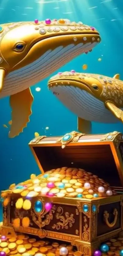 Golden whales swim around a treasure chest with jewels.