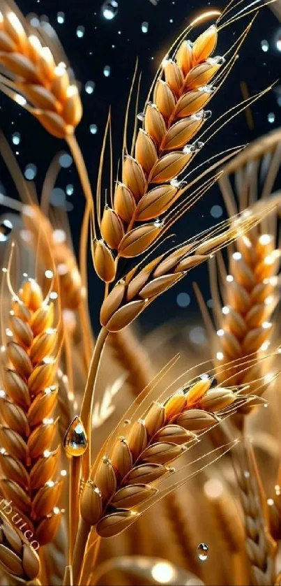 Close-up of golden wheat with sparkling dewdrops.