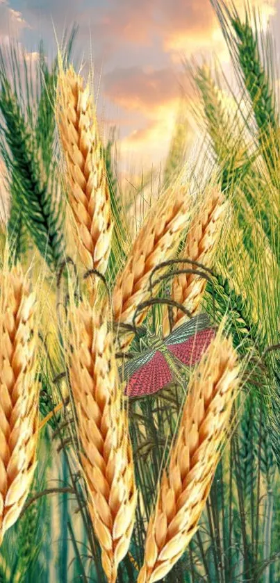 Golden wheat field with sunny sky backdrop.