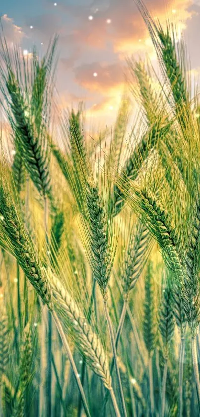 Golden wheat fields under a vibrant sunset sky, capturing tranquil beauty.