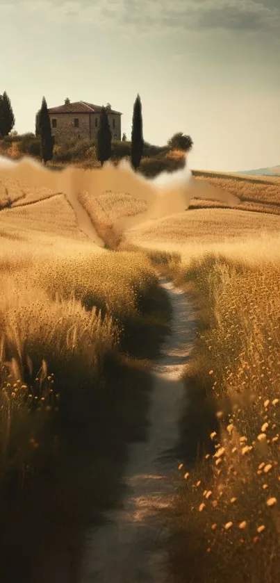 A serene golden wheat field with a pathway leading to a distant house under a clear sky.