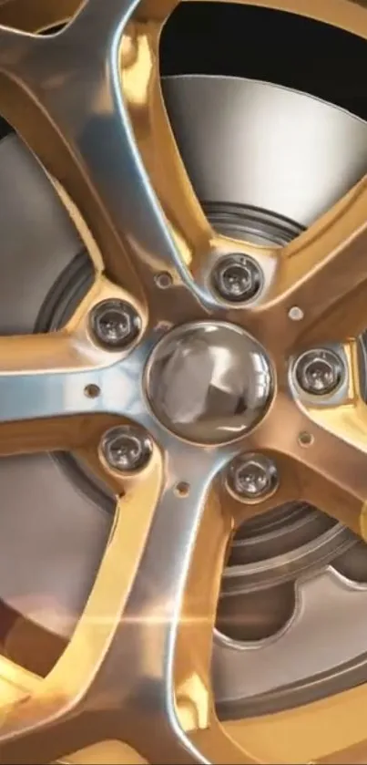 Close-up of a golden car wheel rim with metallic shine.