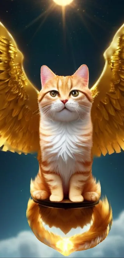 A majestic cat with golden wings on a starry background.