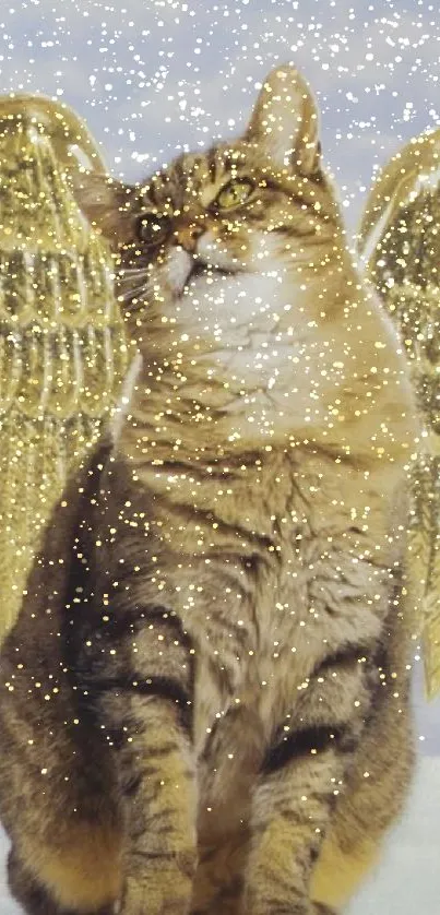 Tabby cat with golden wings against a pastel sky backdrop.