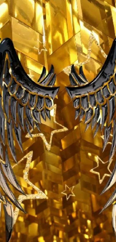 Golden wallpaper with metallic wings, ideal for fantasy enthusiasts.