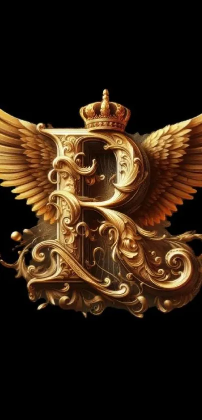 Golden letter with wings on a black background.