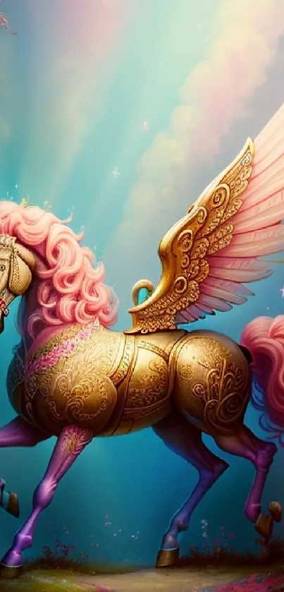 Golden winged unicorn in a magical fantasy setting.