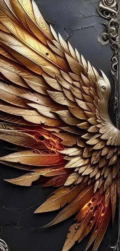 Intricate golden wings on a dark phone wallpaper.