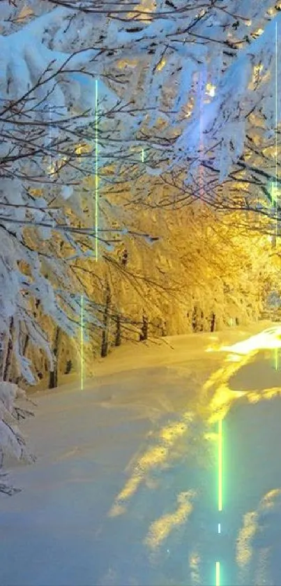 Golden light illuminates a snowy forest path in winter.