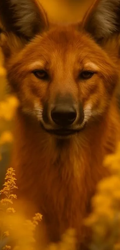 Golden-hued wolf surrounded by vibrant yellow flowers.