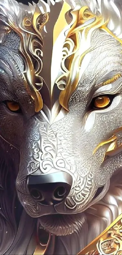 Intricately designed golden wolf art wallpaper for mobiles.