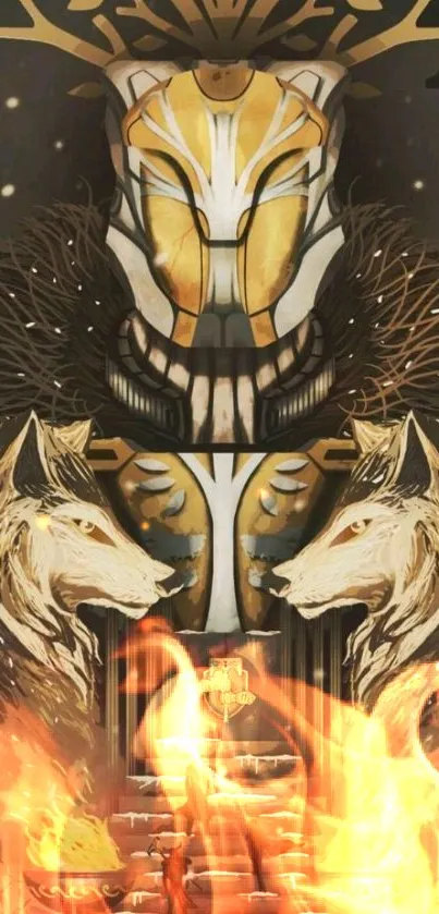 Golden wolf-themed mobile wallpaper with intricate designs and mystical elements.