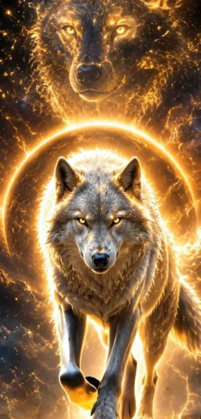 Golden wolf with cosmic background and glowing aura.