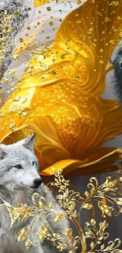 Golden wolf with floral accents in a fantasy setting for mobile wallpaper.