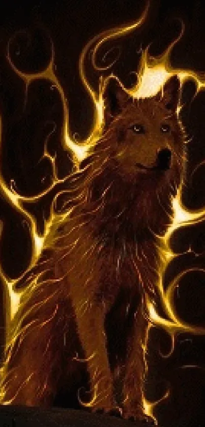 Golden wolf with fiery accents on a dark background, vibrant wallpaper.