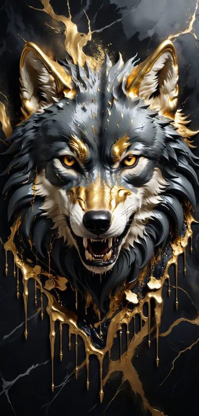 Fierce wolf head with gold accents on black background mobile wallpaper.