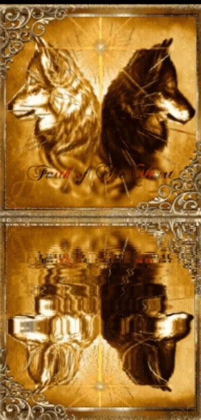 Golden wolf reflection art wallpaper with intricate details.