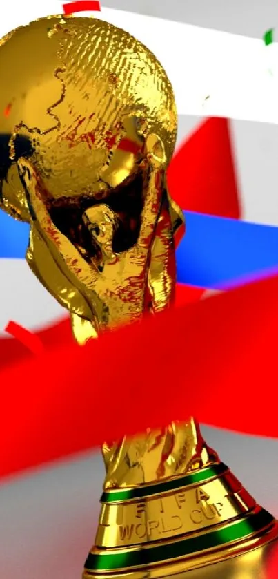 Golden World Cup trophy with festive ribbons and confetti background.