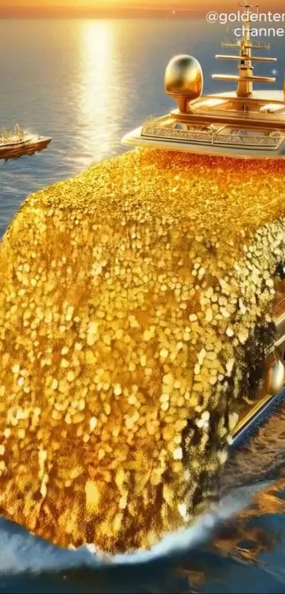 Luxurious yacht cascading golden coins on ocean.