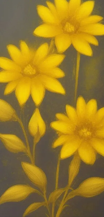 Golden yellow flowers with green stems on a gray background mobile wallpaper.