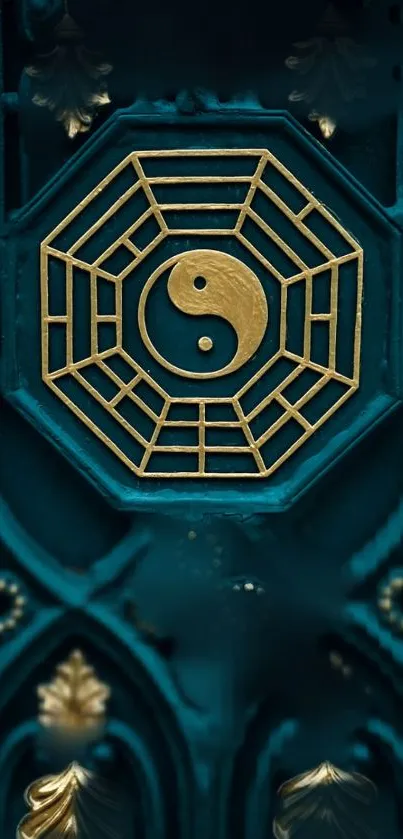 Golden Yin Yang symbol on dark teal wallpaper.