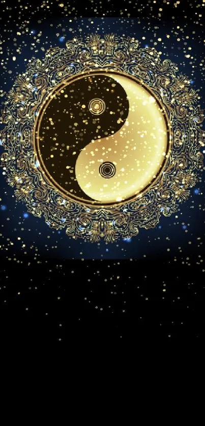 Golden Yin Yang symbol on a black background with intricate designs.