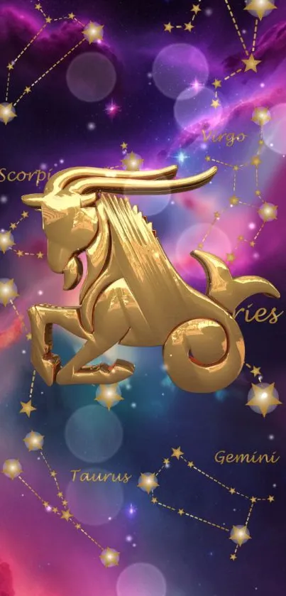 Golden Capricorn icon with starry cosmic background.