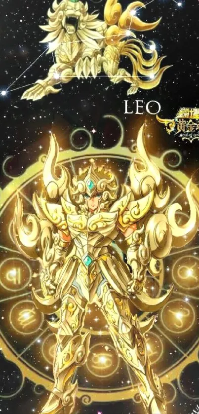 Leo Zodiac warrior in golden armor with celestial backdrop.