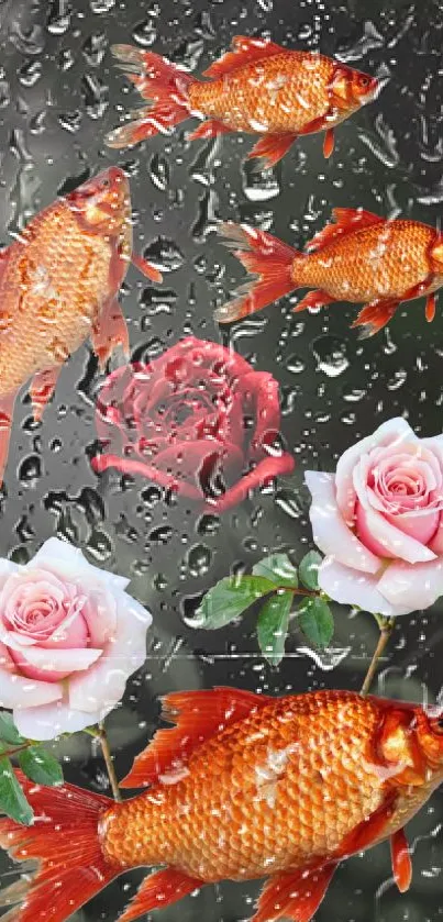 Goldfish and roses mobile wallpaper with vibrant colors.