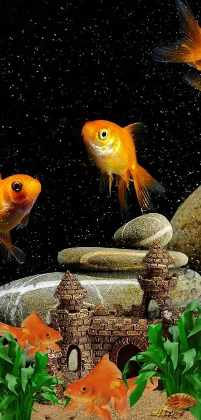 Goldfish swimming in an aquarium with stones and castle decor, perfect for mobile wallpaper.