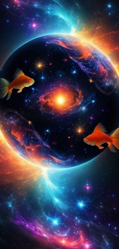 Goldfish swim in a cosmic, vibrant universe with colorful celestial designs.