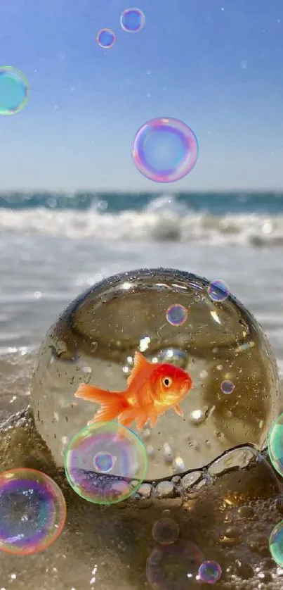 Goldfish in a transparent bubble by the ocean shore.