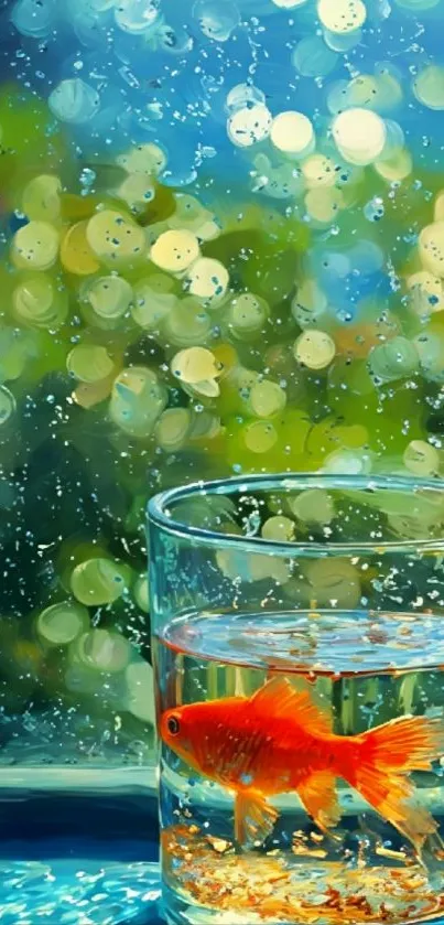 Goldfish in a glass with bokeh backdrop.