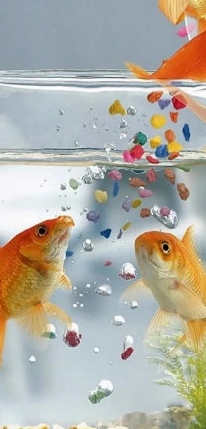 Goldfish swimming in a colorful aquarium with lively plants.