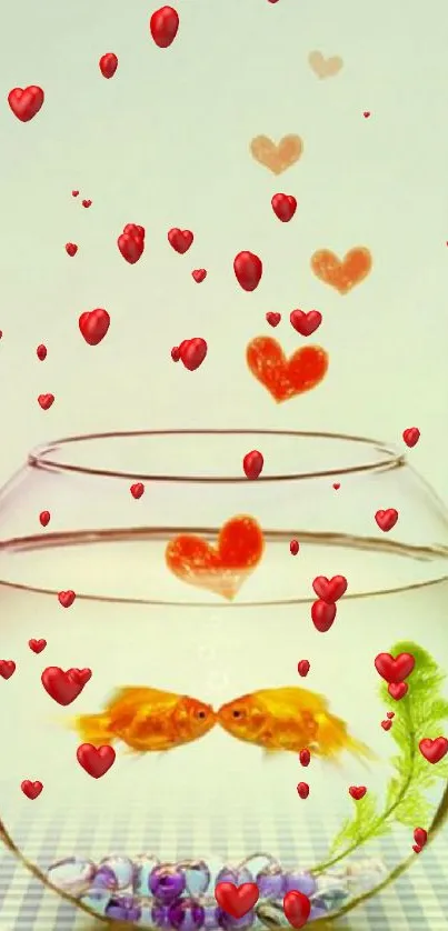 Charming wallpaper of goldfish kissing with floating red hearts in a fishbowl.