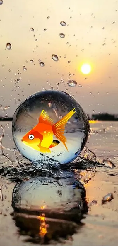 Goldfish in water drop at sunset on a reflective surface.