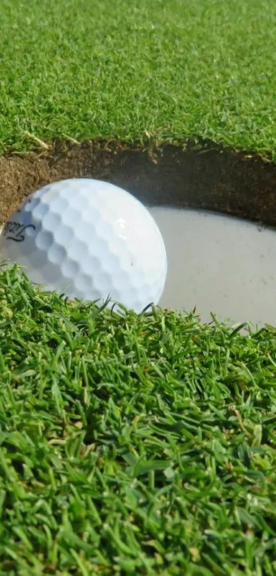 Golf ball near a hole on a vibrant green golf course.