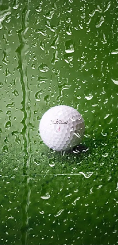 White golf ball resting on lush green grass carpet.