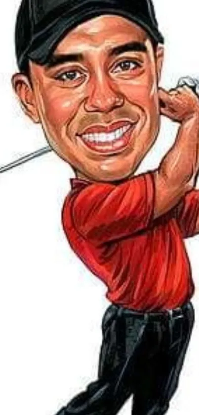 Cartoon golfer in dynamic swing with a red shirt, perfect for mobile wallpaper.