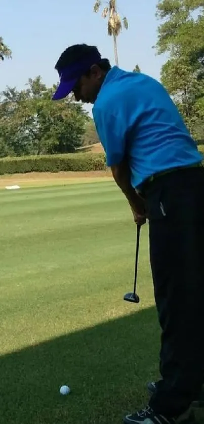 Golfer ready to swing on lush green course.