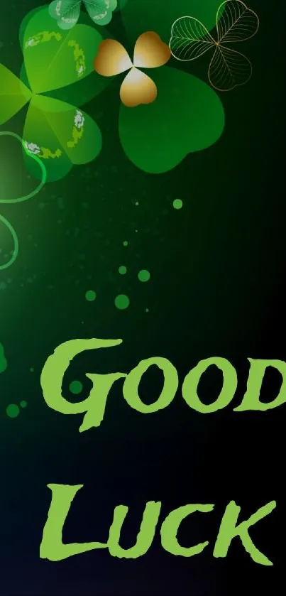 Vibrant green shamrock wallpaper with 'Good Luck' text.