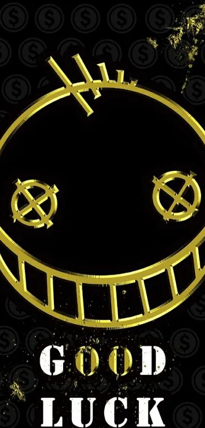 Good luck wallpaper with gold smiley and dark background.