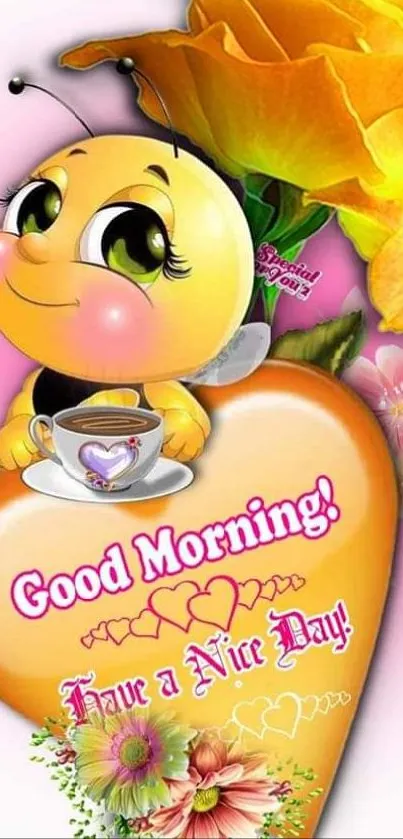 Cute bee with yellow flower and heart, saying 'Good Morning'.