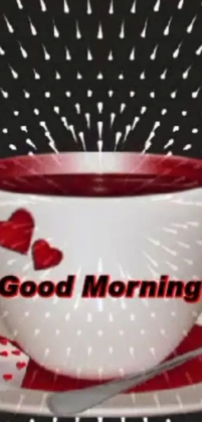 Good morning coffee cup with heart design and vibrant red accents.