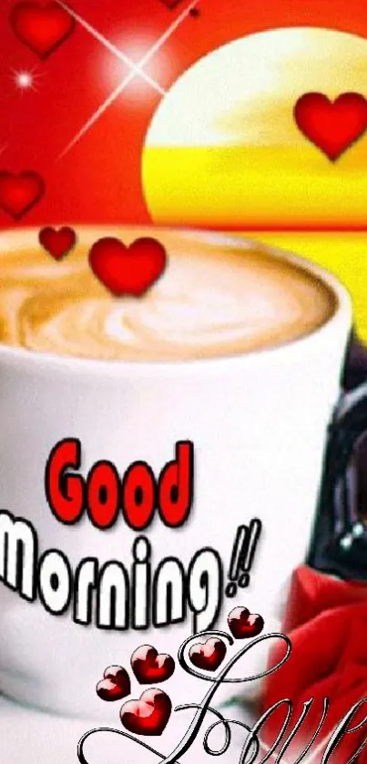 Coffee cup with good morning text and hearts on a vibrant sunrise background.